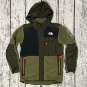 The North Face Mixed Media Jacket Boys Fleece Burnt Olive Stowaway Hood